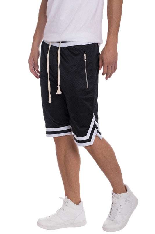 Mesh basketball shorts with striped band, zipper pockets, and elastic waistband.